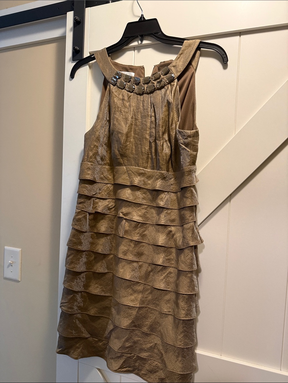 London Times Gold Tiered Ruffle Cocktail Dress with Embellished Neckline